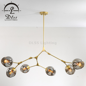 Modern Gold Pendant Light Smoky Glass Chandelier with 6 Lights Fixture Hanging Flush Mount 